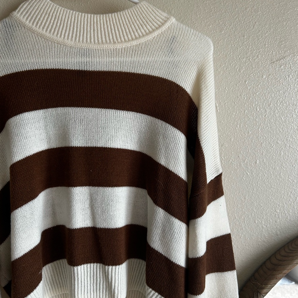 Divided Cream and Brown Striped Crewneck Sweater